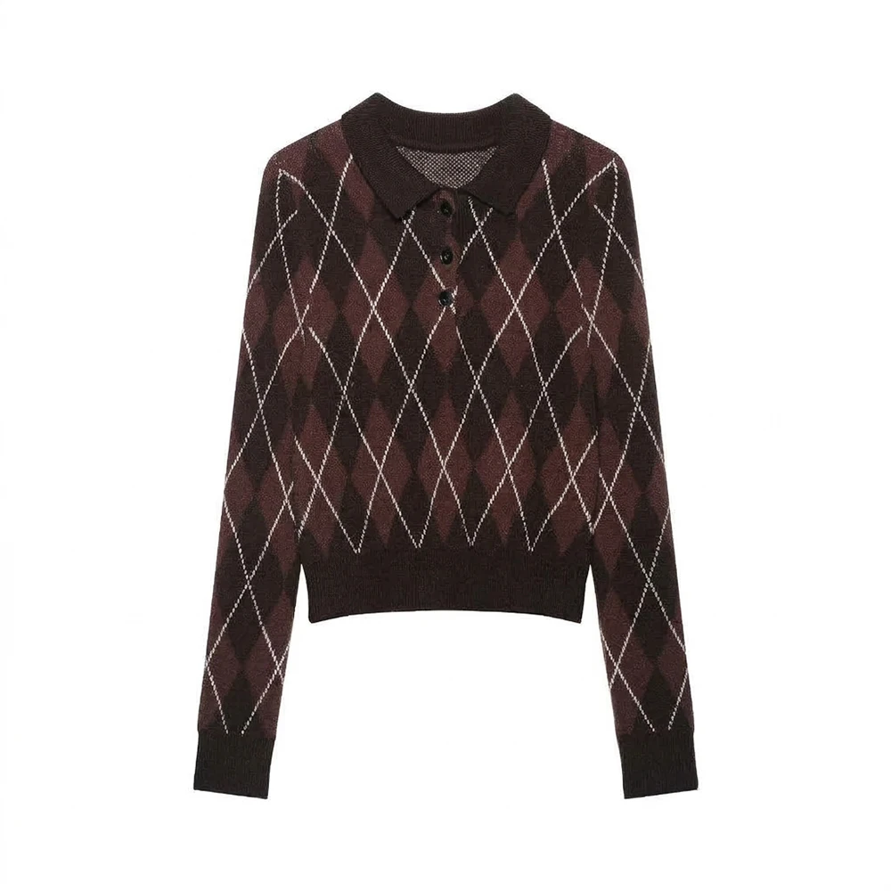 Willshela Women Fashion With Button Plaid Knitted Pullover Sweater Vintage Polo Collar Long Sleeves Female Chic Lady Tops