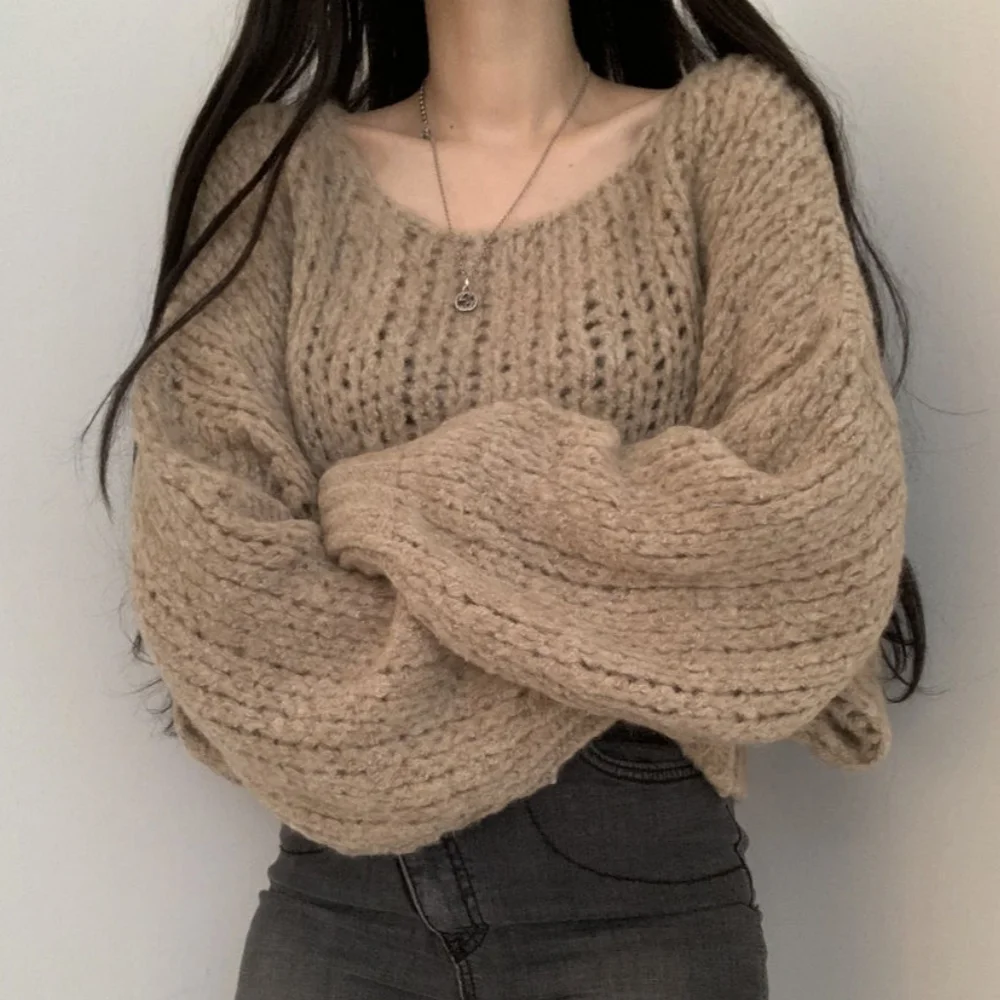 

Элегантный свободный женский пуловер в корейском стиле, свитер с круглым вырезом и длинными рукавами, трикотажные топы с рукавами-фонариками