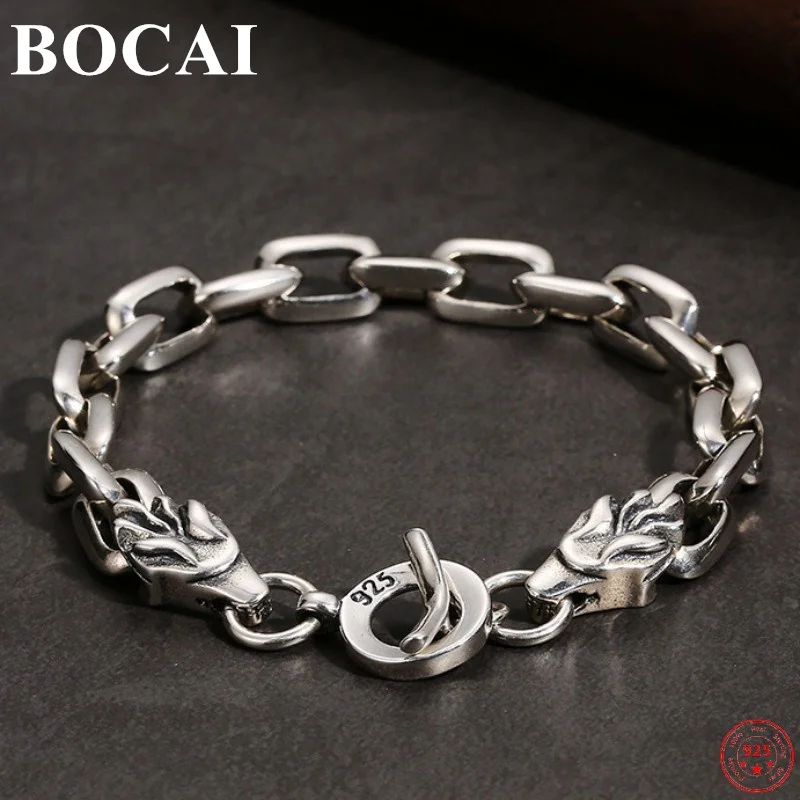 

BOCAI S925 Sterling Silver Bracelets for Men New Men's Fashion Double Dragon O-chain Hand String Punk Jewelry Free Shipping