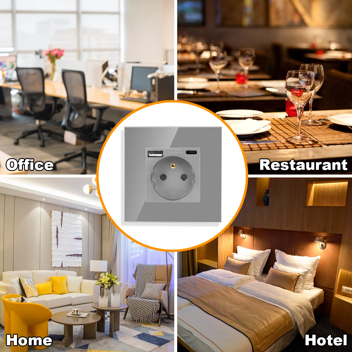 France Standard USB Socket Touch Switch Grey Glass Panel Power USB Type-c Charging Interface AC 110~220V Outlet Home Appliance