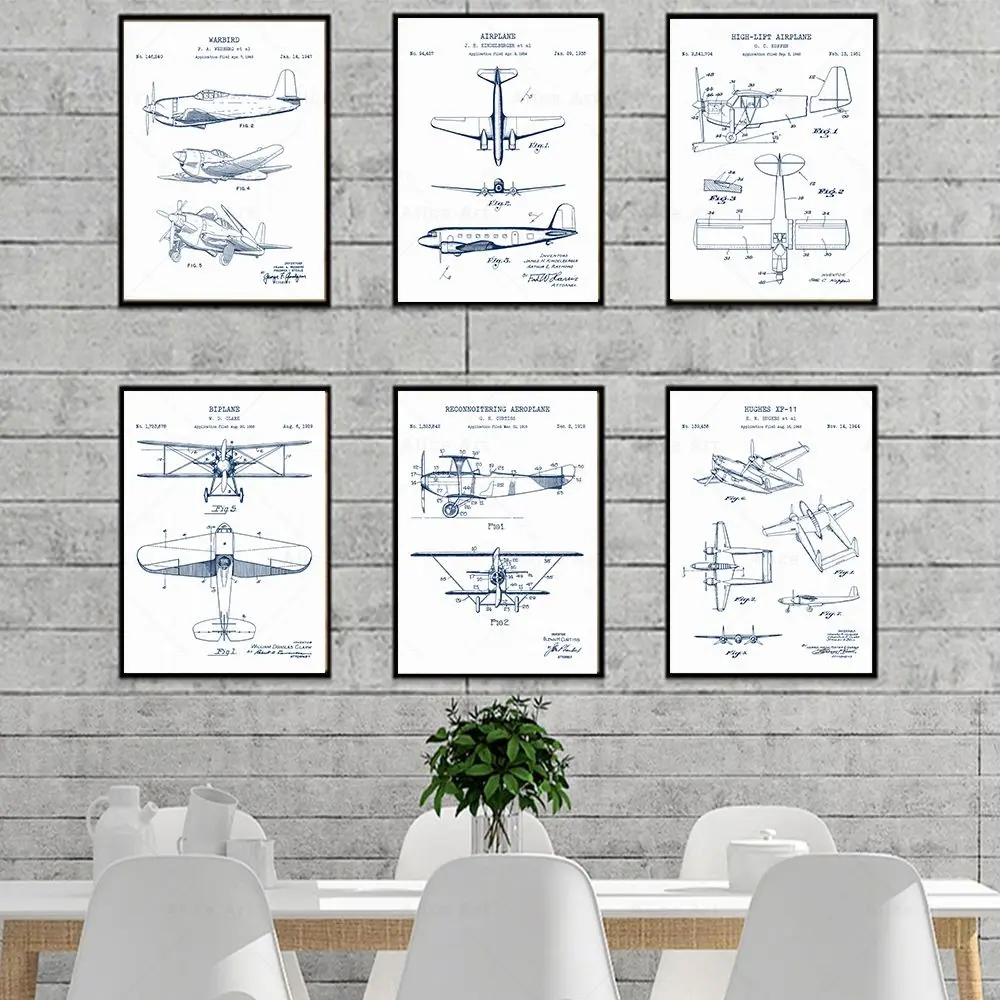 طائرة براءة اختراع طباعة ملصق خمر سلاح الجو طائرة مقاتلة مخطط الطيار هدية حائط لوح رسم الفن صور ديكور المنزل