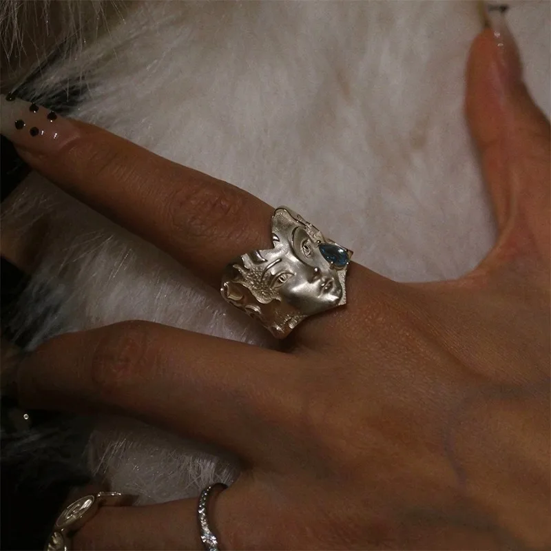 Creativity Tears of Love God Adjustable Opening of Index Finger Ring Artistic Portrait Mask Ring Elegant Diamond Studded Ring