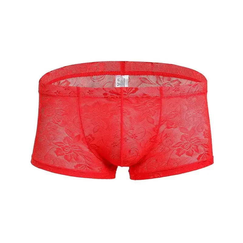 Men's Sexy Lace See-through Boxer Shorts with Penis Pouch Comfortable Mesh Erotic Underwear Transparent Boxers