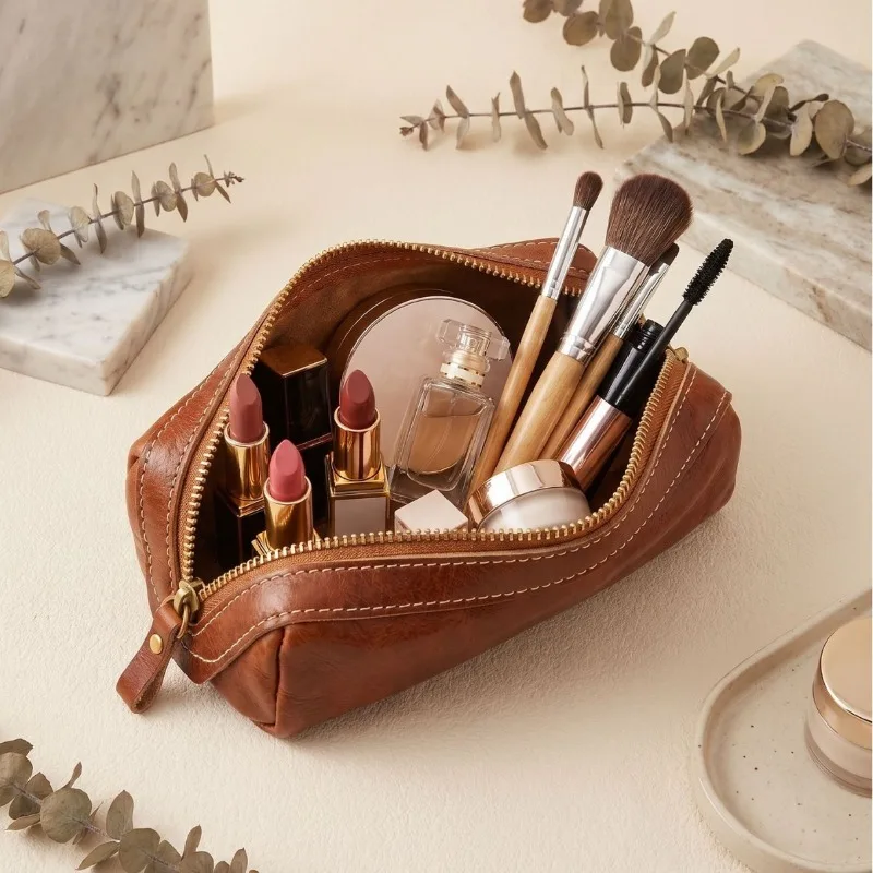 Vintage Vegetable Tanned Leather Pencil Case Large Capacity Retro Cowhide Cosmetic Makeup Bag Multi-functional Organizer Pouch