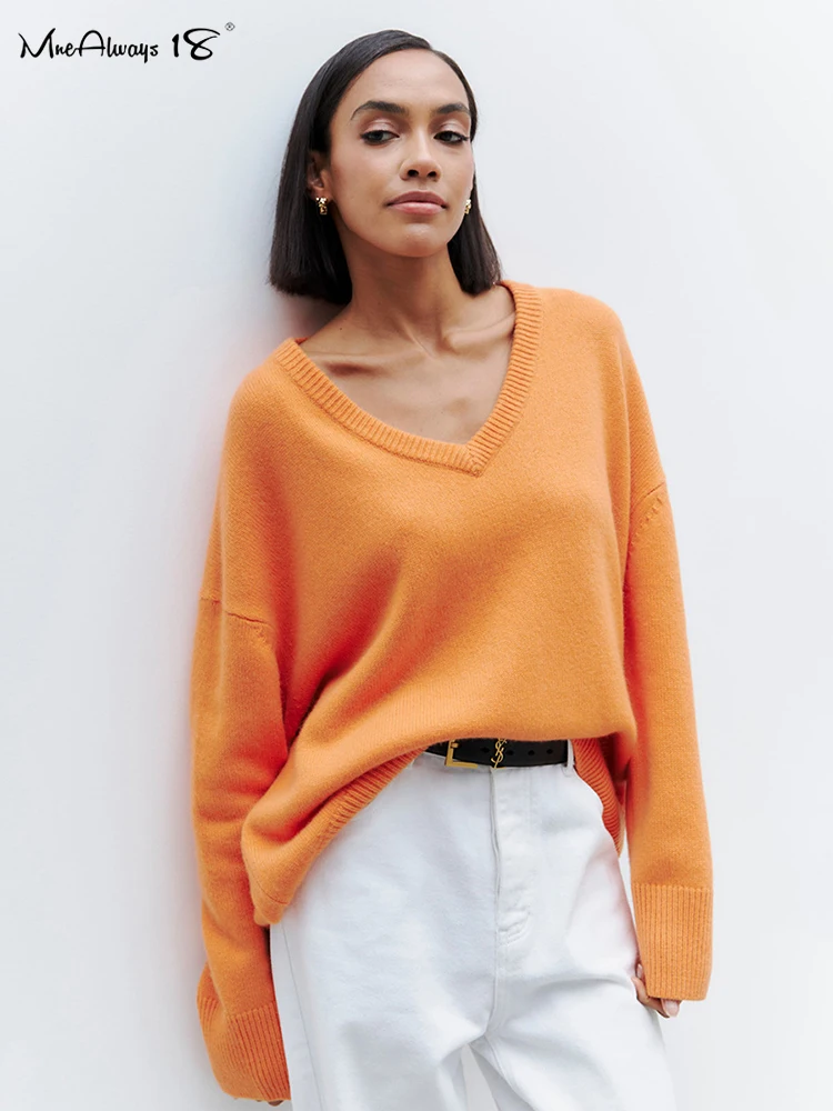 Mnealways18 Orange Brightly Knitted Sweater V-Neck Women Long Sleeves Pullover Tops Solid Office Lady Winter 2024 Causal Sweater