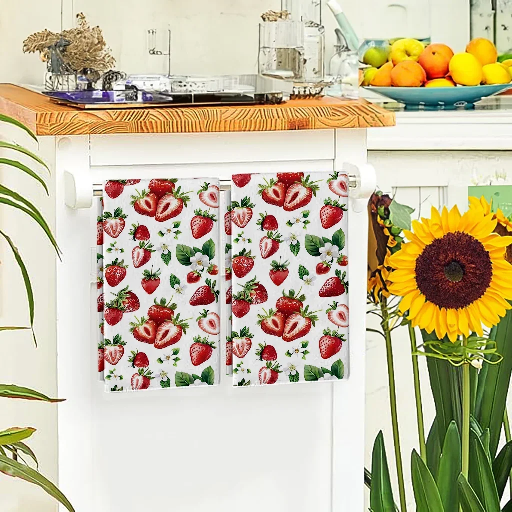 2Pcs, Vitality Strawberry Blossom Kitchen Towels, 40*60Cm Towel Set Super Absorbent Soft Cleaning Cloth Cooking Baking Tea Towel