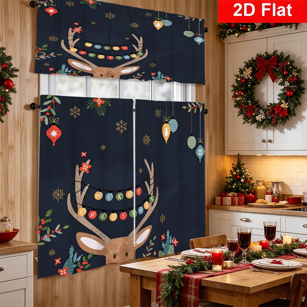Christmas Kitchen Curtains, Black Deer Greeting Ball Holly, Digital Print, Kitchen Dining Room, Rod Pocket Polyester, Home Decor