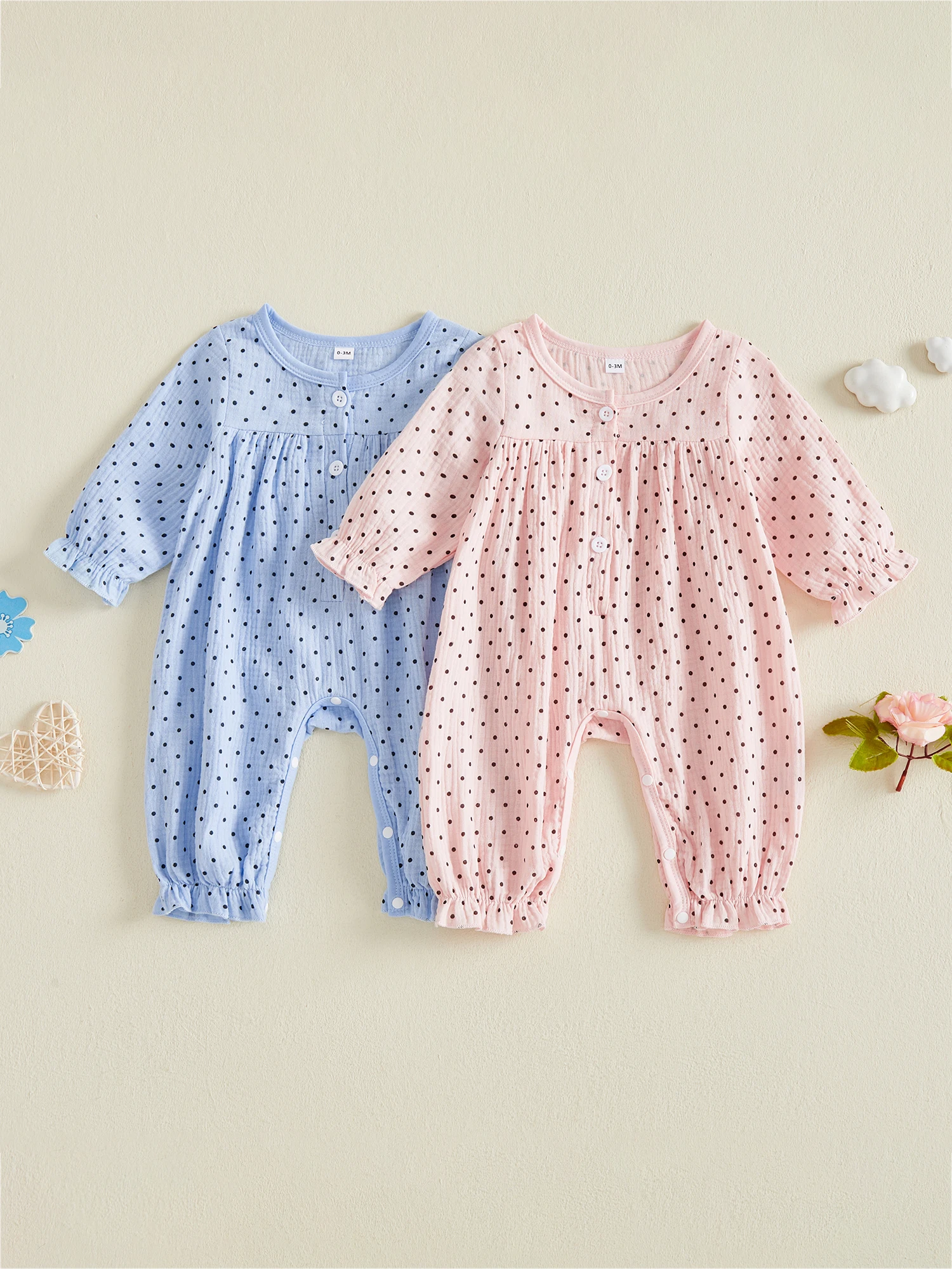 Romper Baby Girls Henley Neck Casual Jumpsuit-Long-Sleeve Henley-Neck-Dots Long Sleeve Henley Baby Girls Jumpsuit Premium