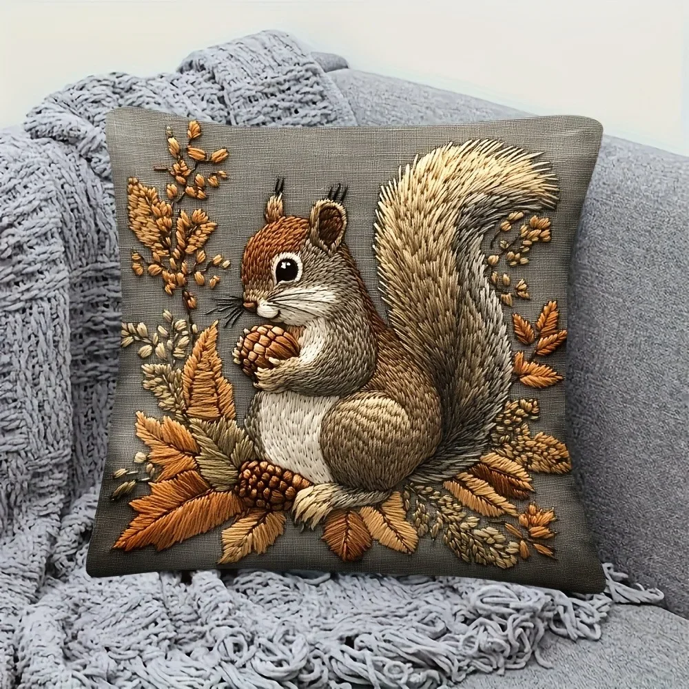 VIKAMA Squirrel-Patterned Embroidery-Style Cushion Cover Vintage Country Zipper Cushion Cover Sofa Living Room Home Decor