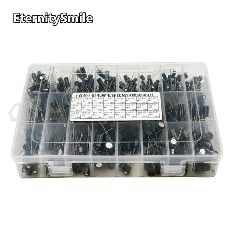 

500Pcs/lot 0.1UF-1000UF 24Values Aluminum 10-50V Mix Electrolytic Capacitor Assorted Kit And Storage Box