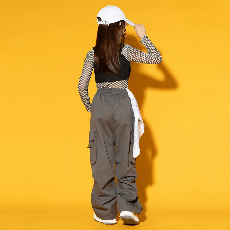 Tops Cargo Pants Tooling Modern Dance Performance Wear 2023 Kids Hip Hop Costume For Girls Kpop Jazz Dance Clothes Plaid