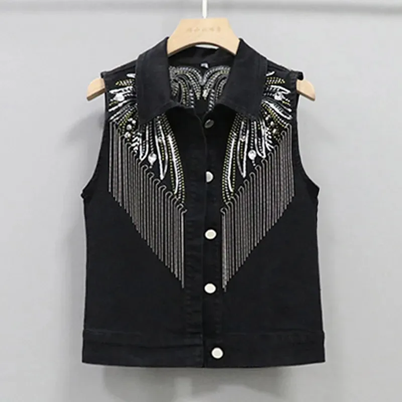 Women Sleeveless Short Jean Vest Coat 2024 New Female Single Breasted Black Rivet Tassel Denim Vests Sleeveless Waistcoat Jacket