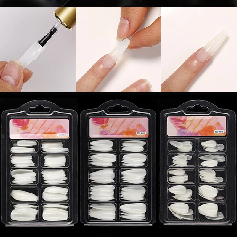 100pcs/box Long Fake Nails Clear Natural White Coffin False Nails Art Ultra Flexible Fake Nails Tips Full Cover Designs Manicure