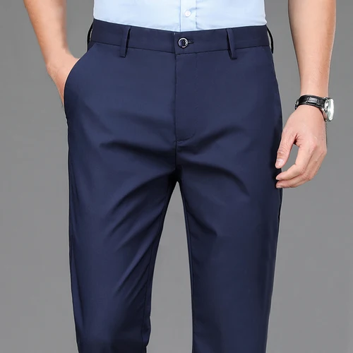 Imagen 1 del producto Pantalones informales inteligentes para hombre, pantalones deportivos elásticos de secado rápido para primavera y otoño, pantalones de trabajo rectos de longitud completa para oficina, color negro y azul marino