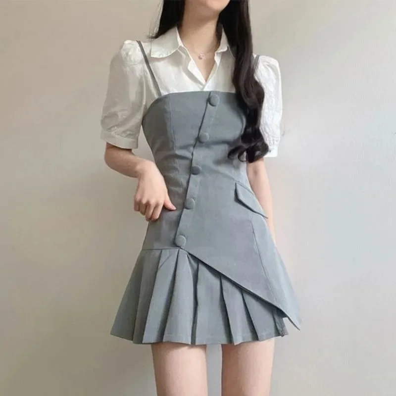 Korean Academy Shirt Irregular Suspended Dress Two Piece Set Women Fashion Sweet Temperament Solid Waist Slim Summer Female Wear