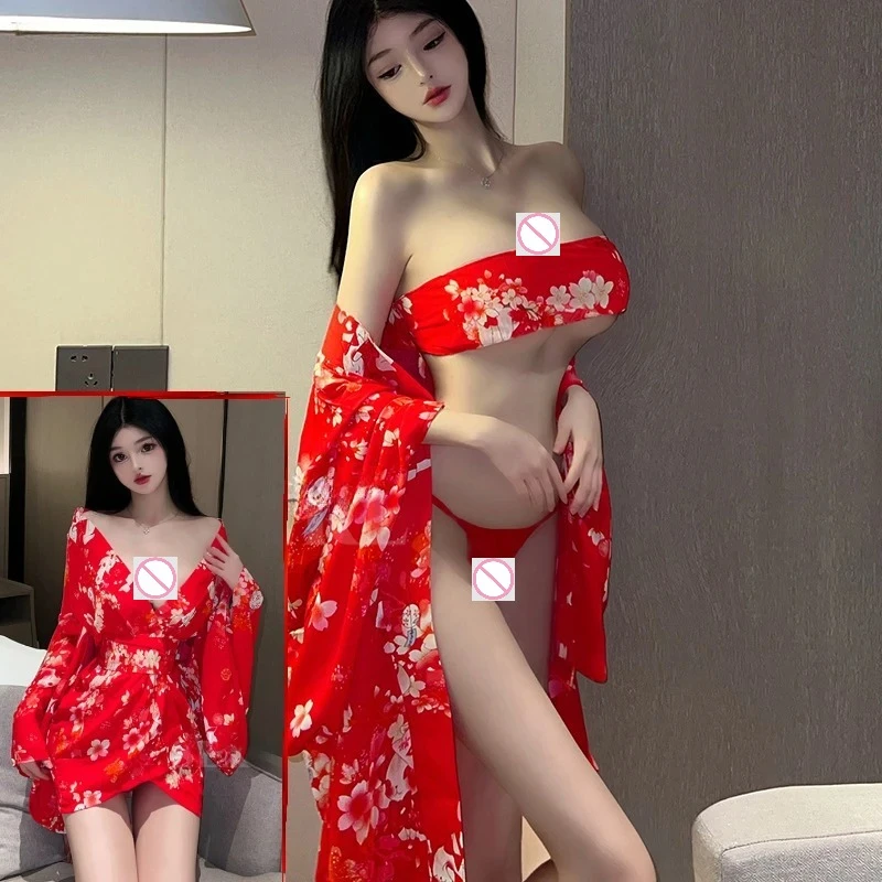 

Sexy Japanese Sakura Kimono Bathrobe Hot Uniform Temptation Pajamas Nightclub Erotic Women Dancer Cosplay Costume Home Sleepwear
