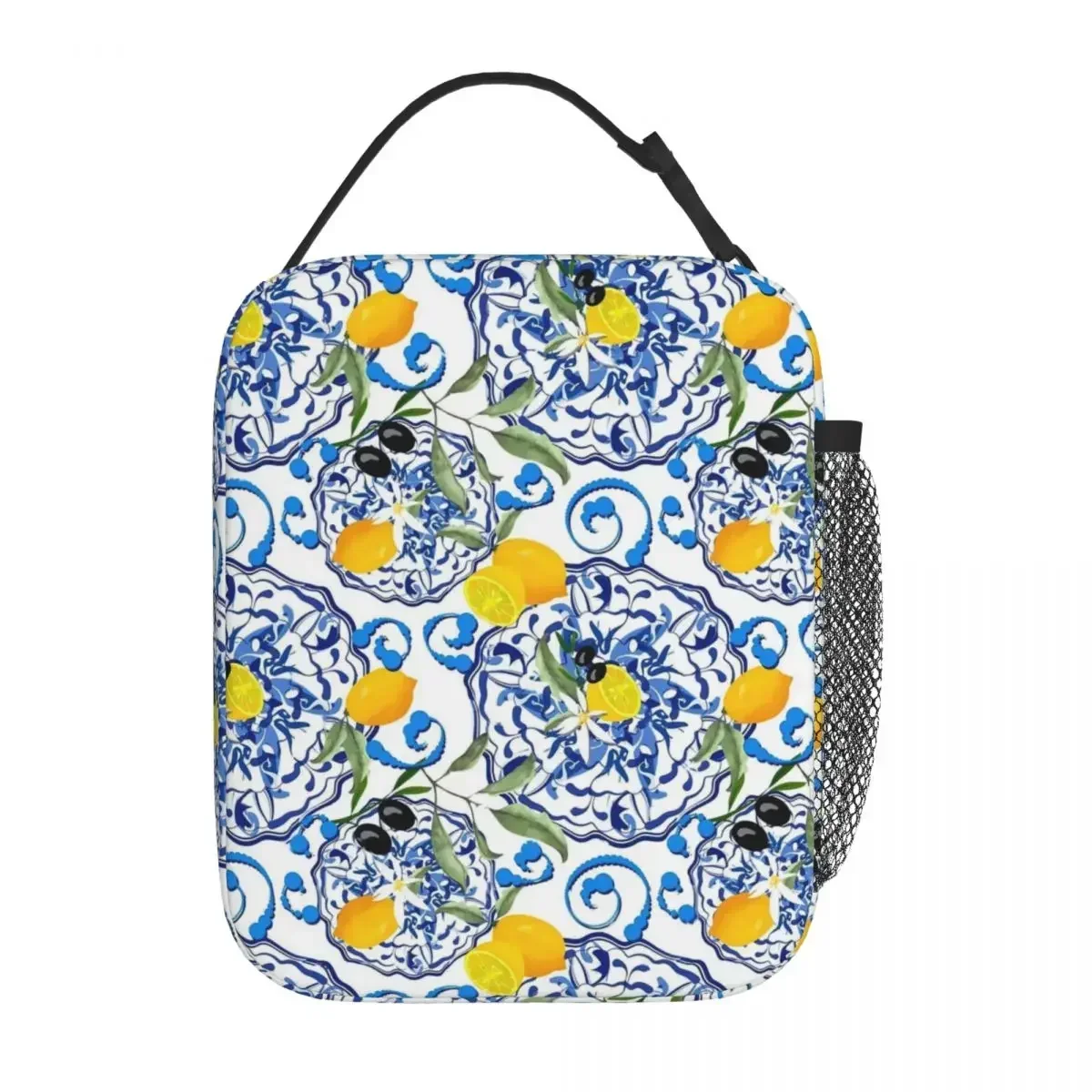 Lunch Bag Retro Blue Flower Portable Lunch Box For Children Lemon Fruit Outdoor Picnic Cooler Bag Vintage Oxford Tote Handbags