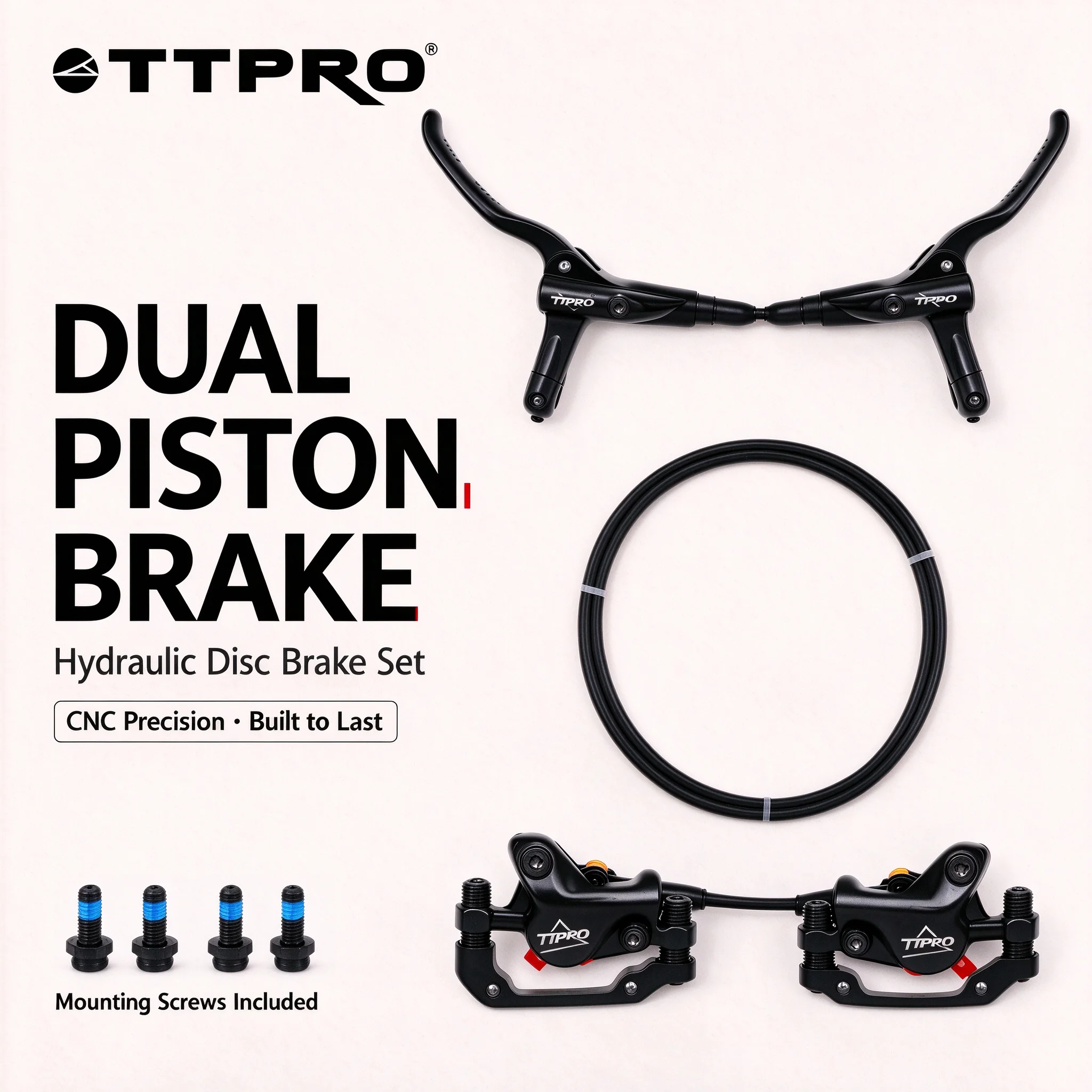 TTPRO TP-MT200 2 Piston Hydraulic Disc Brake, MTB Mountain E-Bike Brake Set Front Rear, Compatible with Shimano BMX Bike Parts