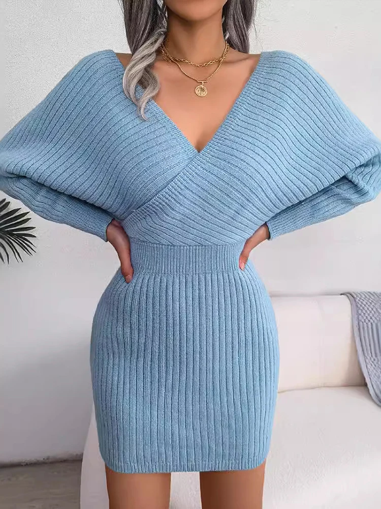 

Women Sexy Cross V-neck Knit Dress Solid Color Long Sweater Lift Hip Evening Party Dress American Vintage Fashion Autumn Winter
