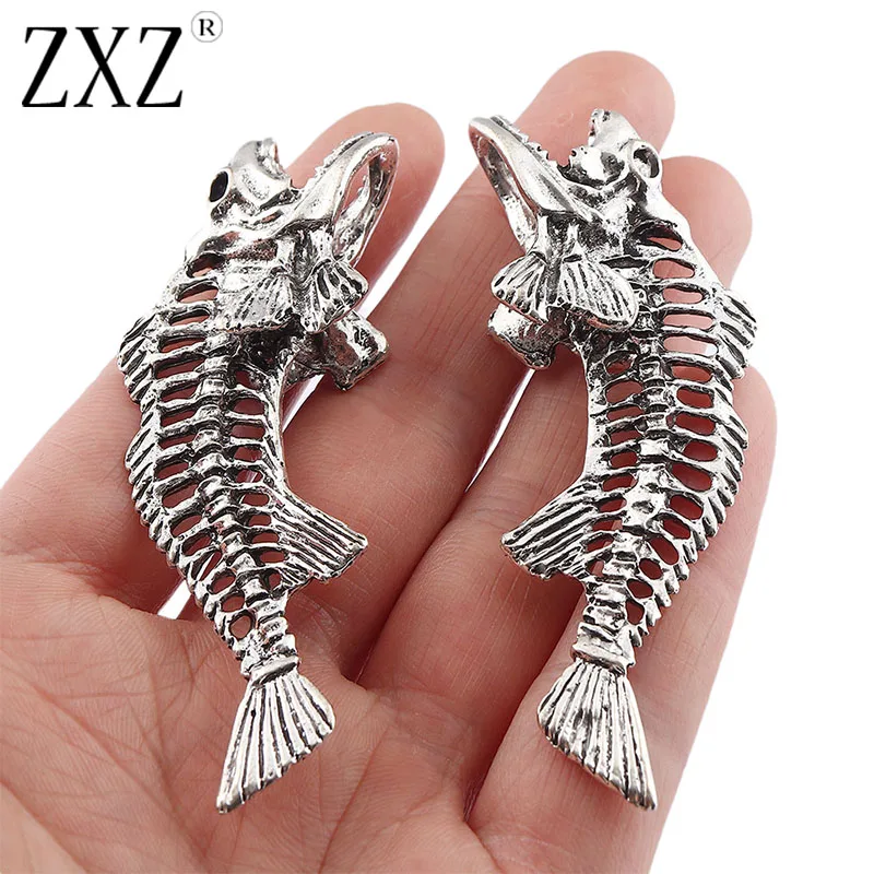 

2pcs Antique Silver Large Gothic Fish Bone Skeleton Charms Pendants Punk Double Sided for DIY Necklace Jewelry Making Findings