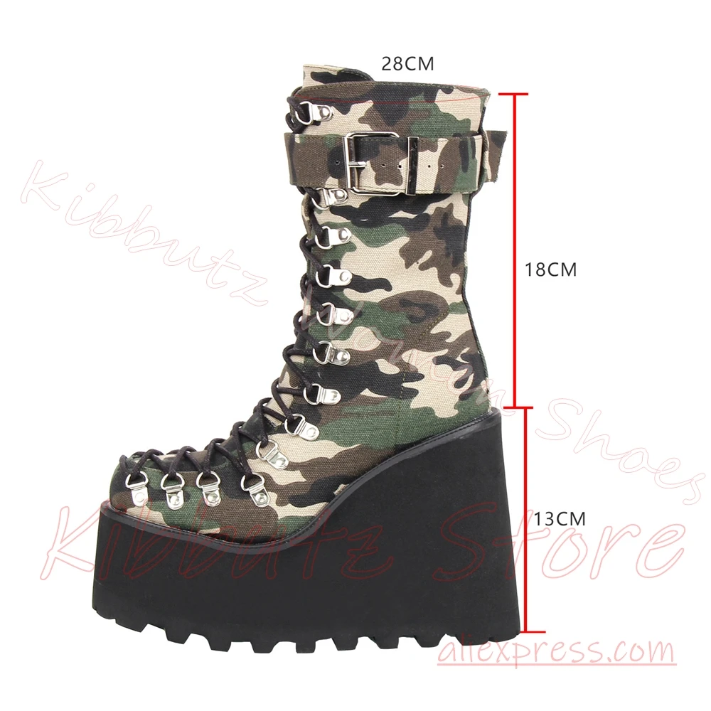 Platform Combat Ankle Boot Camouflage Canvas Lace Up Side Zipper Metal Punk Goth Wedge Sole Leather Mixed Color Street Footwear