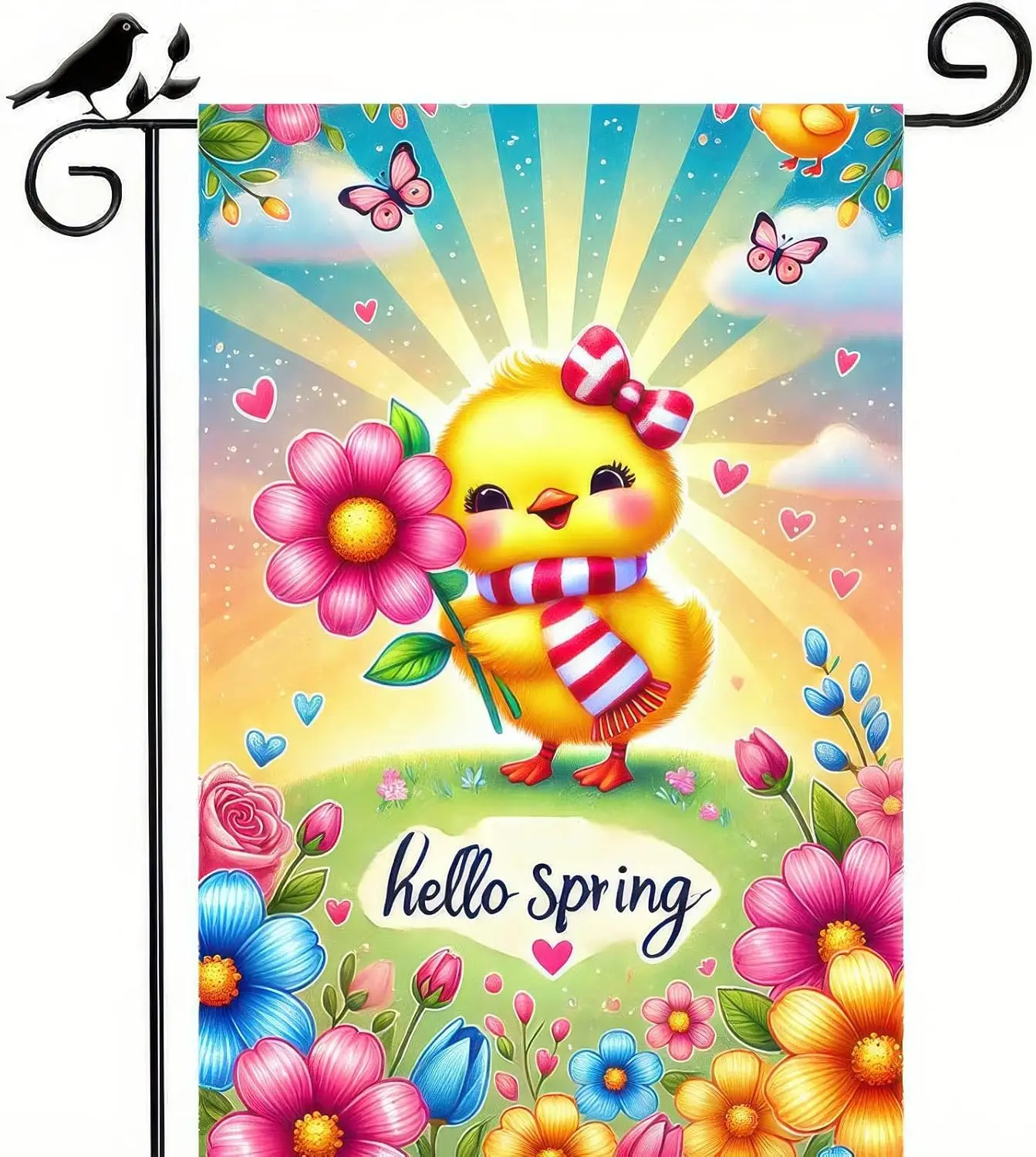 Spring Garden Flag Double Sided Welcome Banner Yard Flag 12×18 Inch Hello Spring Chick with Flowers and Butterflies Garden F yyi