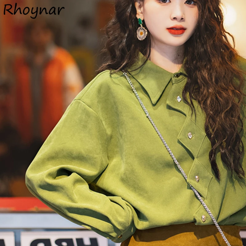 

Turn-down Collar Shirts Women Vintage Loose Trendy Leisure Korean-style Solid Simple Argyle Design Office Ladies Irregular Soft