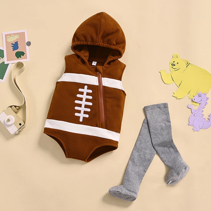 

0-24M Baby Football Rugby Player Costume Sleeveless Zipper Hoodies Romper+Long Leg Warmers Socks Outfits Set