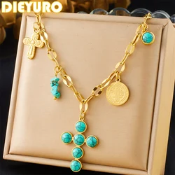DIEYURO 316L Stainless Steel Round Turquoise Inlaid Cross Pendant Necklace For Women Girl New Fashion Neck Chain Jewelry Gift
