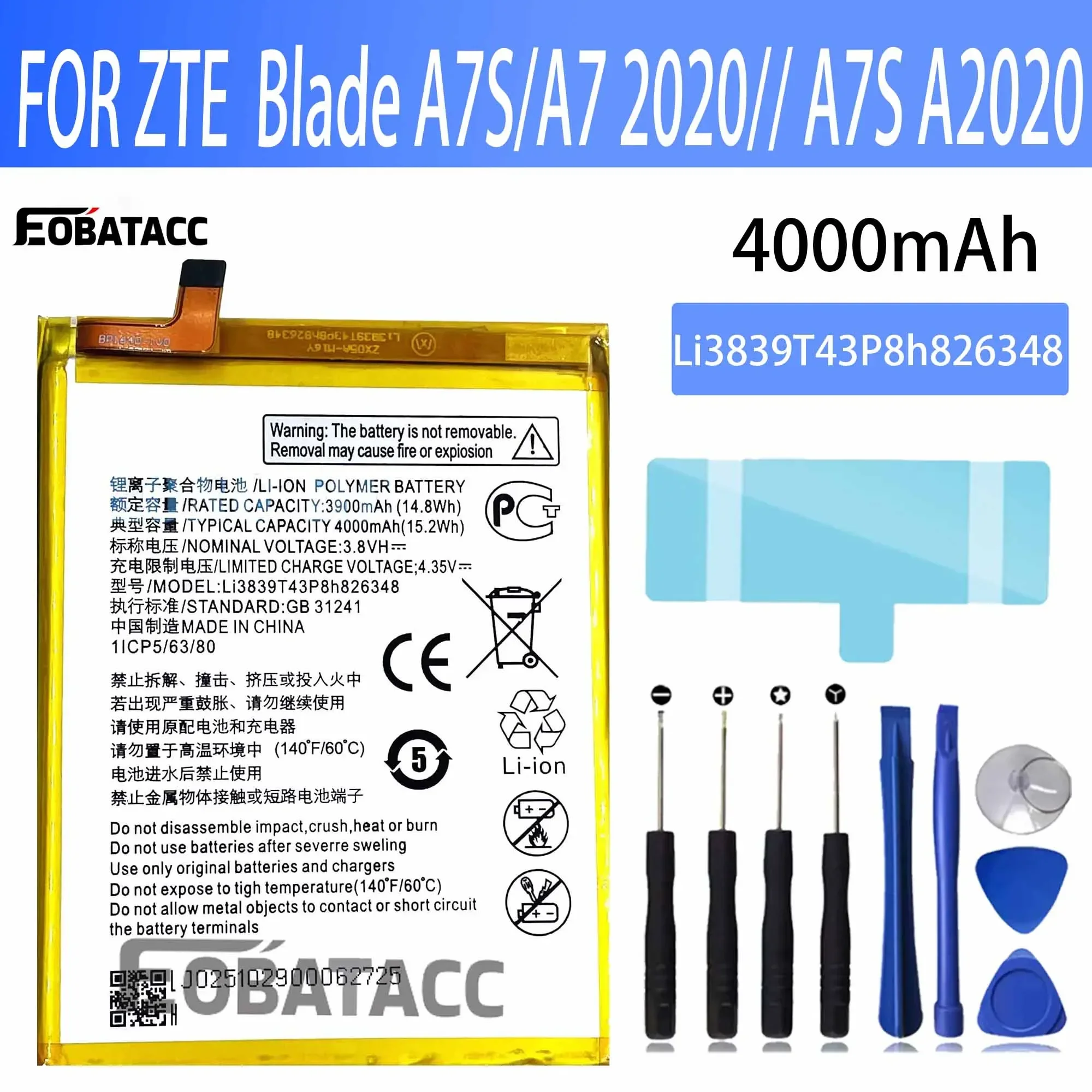 

EOTABACC 100% New Original Battery Li3839T43P8h826348 For ZTE Blade A7S/A7 2020// A7S A2020 Battery +Tools