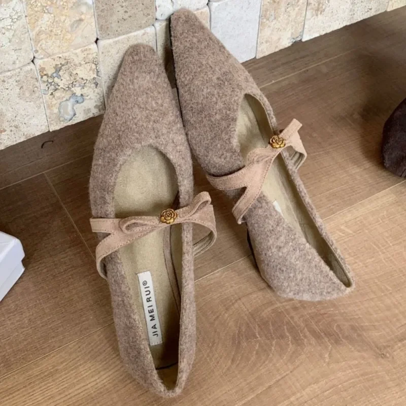 Bowknot Pointed Toe Low Heel Women Shoes Warm Elegant Office Dress Shoes Comfort New Autumn Winter Brand Mary Jane Shoes Women