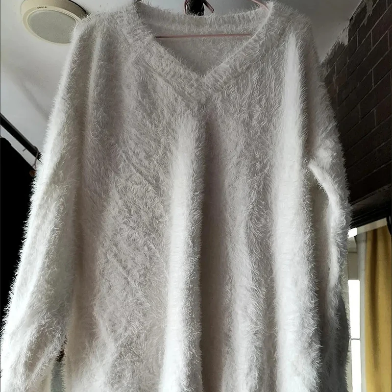 Jersey de punto de terciopelo de imitación de visón con cuello en V, suéter Midi de manga larga, suelto, grueso, Sexy, elegante, Tops blancos, otoño