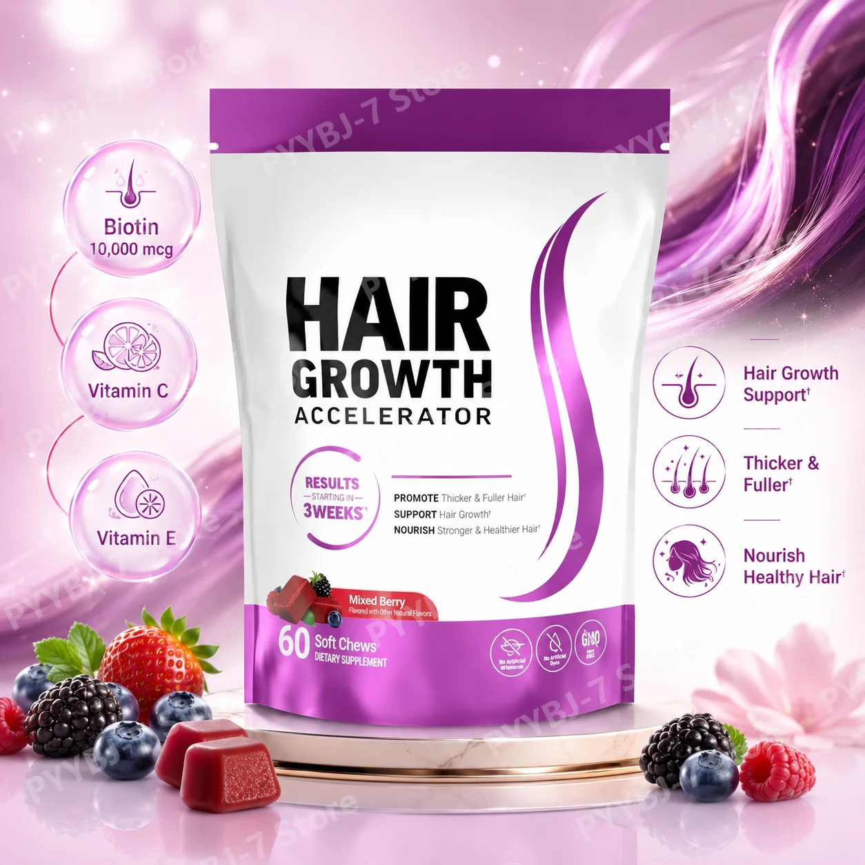 

Mixed Berry Biotin Soft Chews with Vitamin C & E Hair Beauty Nutritional Support for Women and Men Supports Healthy-looking Hair