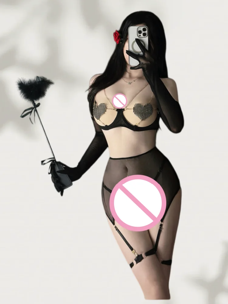 Conjunto de Lencería Erótica Europea y Americana, Sexy, Estilo Tres Puntos, con Cordones, Sujetador en Forma de Corazón con Cadena, Ajustado a la Cadera, para Mujer