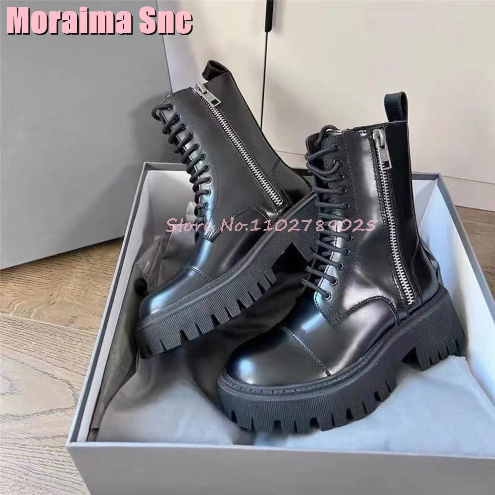 Side Zipper Decor Round Toe Ankle Boots Lace Up Thick Sole Block Mid Heel Fashion Women Boots Autumn Winter Patent Leather 2024