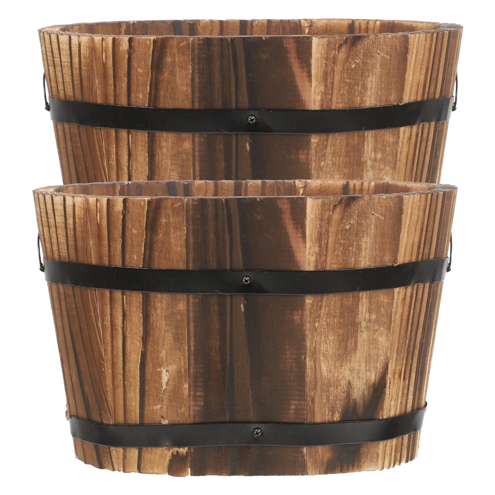 2Pcs Wooden Rustic Wood Bucket Planter Wooden Flower Pots For Outdoor Garden Decor Fall Porch Decor