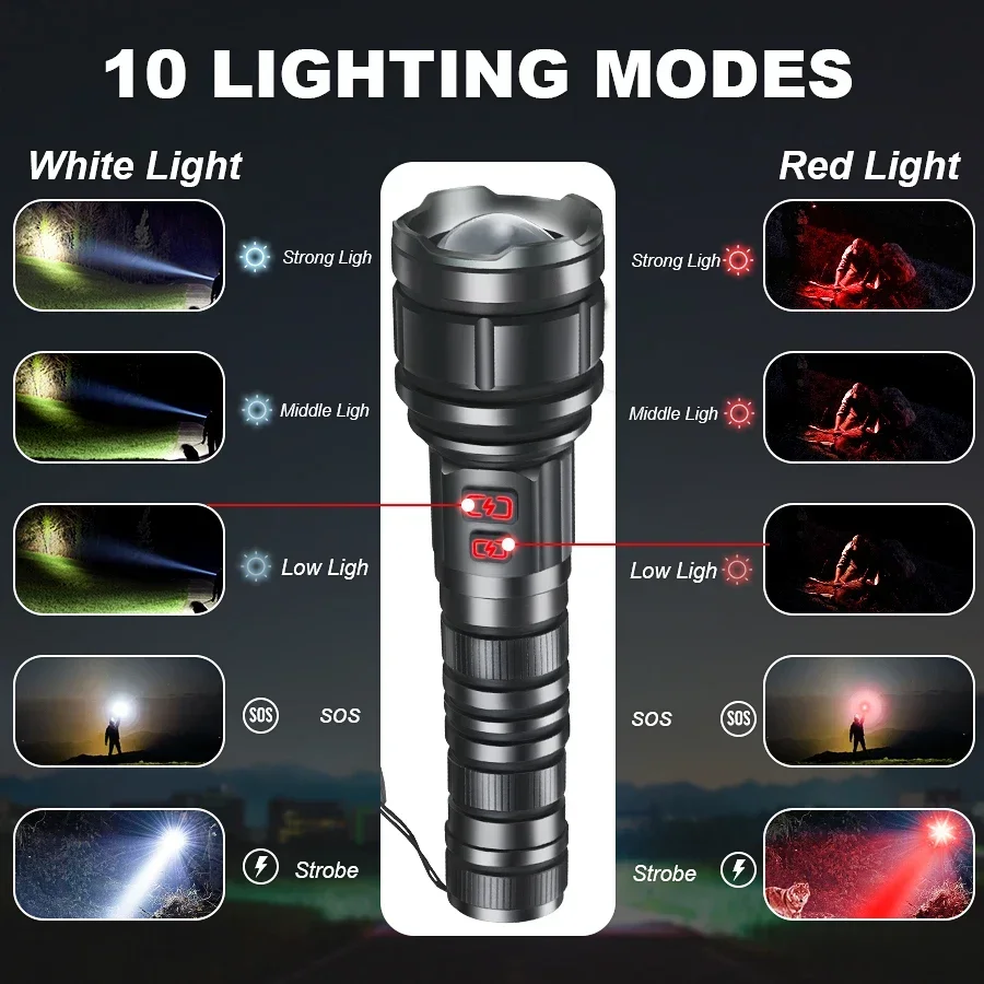 High Power Hunting Flashlight Red-White Laser LED Tactical Zoom Torch Outdoor Hunting Camping Hiking Night Observation Lantern