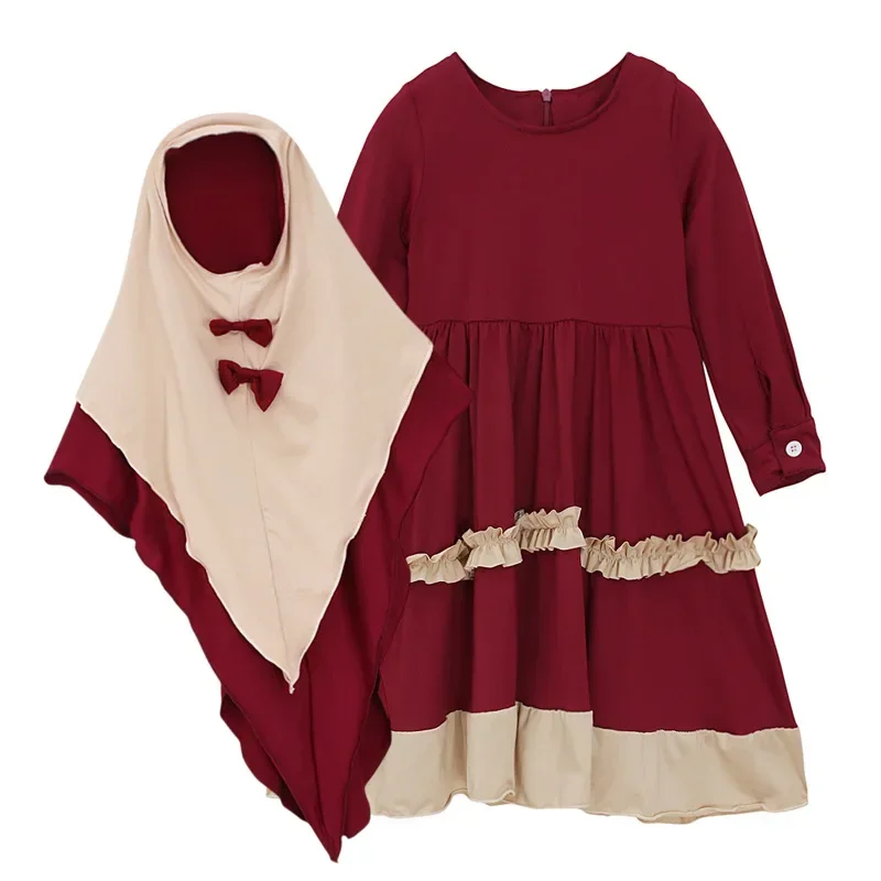 

Children Muslim Girls Prayer Dress Hijab Abaya Arabic 2Pcs Sets Kids Long Maxi Robe with Headscarf Islamic Party Kaftan Clothing