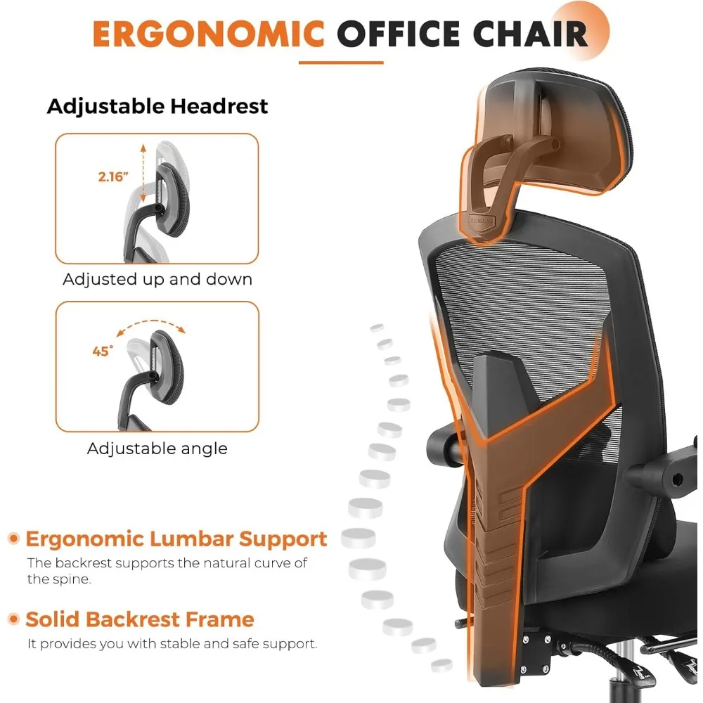 Cadeira de mesa do computador do escritório, ergonômica encosto alto, malha rolando, cadeiras giratórias de trabalho com rodas, apoio lombar confortável