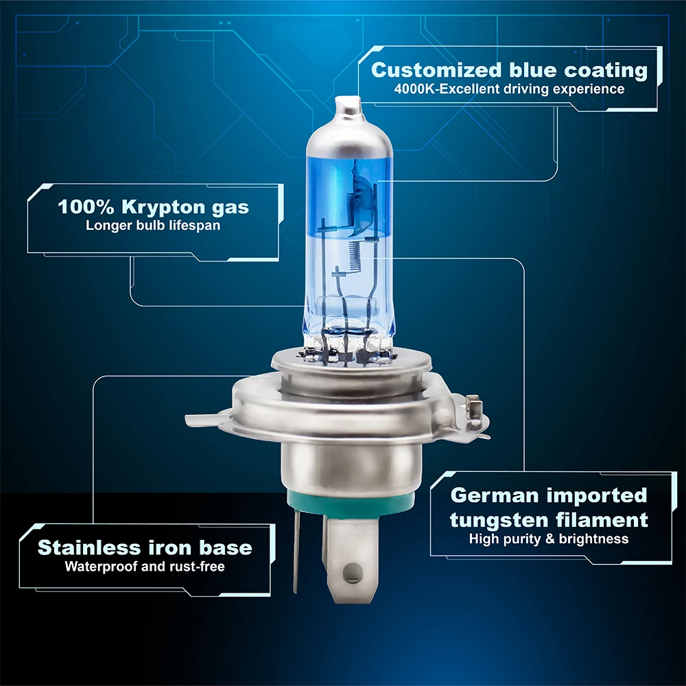 1 Pcs ALKOREY Xbright-Plus 9003 H4 12V 60/55W P43T Blue 4000K Super White Auto Headlight Fog Lamp Car Light Halogen Bulb