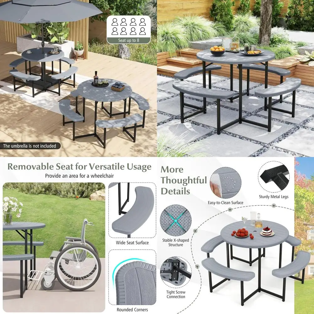 Gray 4-8 Person Round Outdoor Dining Table with Umbrella Hole, HDPE Top, Metal Frame, Patio Furniture Set for Backyard Lawn, 140