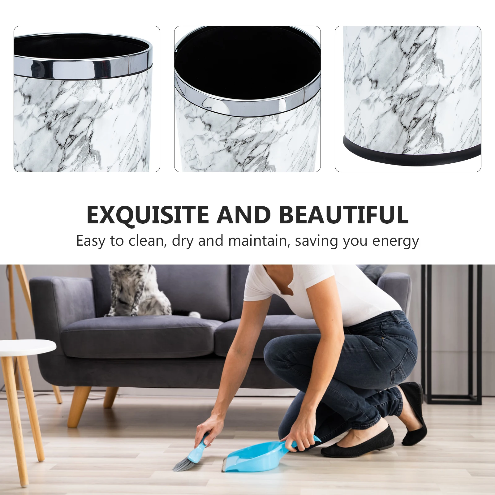 

Marble Trash Can Black Bathroom Bin Garbage Cans Indoor Office Waste Lid Trashcan Lightweight Stable Long Service Home