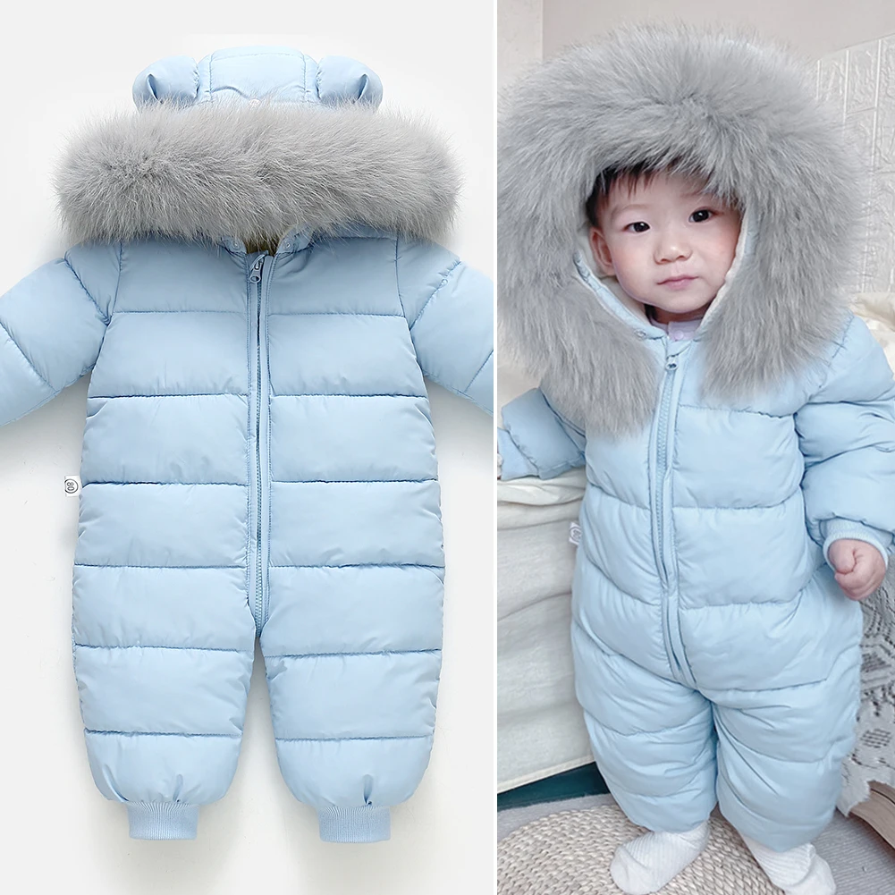 Baby Fur Hooded Jumpsuit Waterproof -30 Degrees Snowsuits Toddler Children\'s Winter Overalls Infant Boys Girls Down Jacket 1-3T