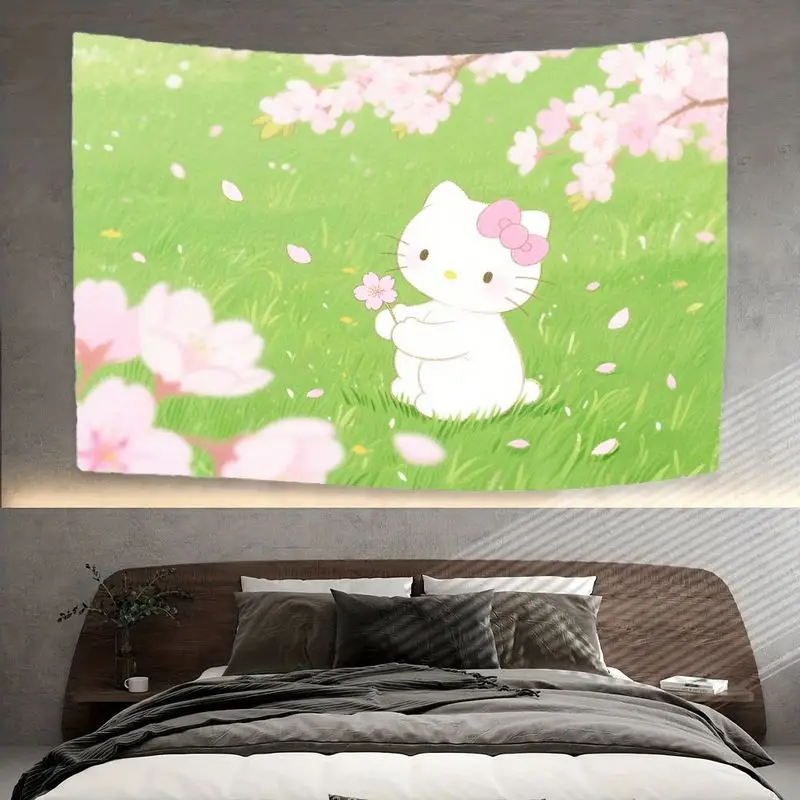 1 STÜCK Sanrio Hello Kitty Rosa Kirschblüten-Wandteppich, Kawaii Green Field Wandkunst für Wohnzimmer, Schlafzimmer, Wohnheim, Dekoration und Geschenke