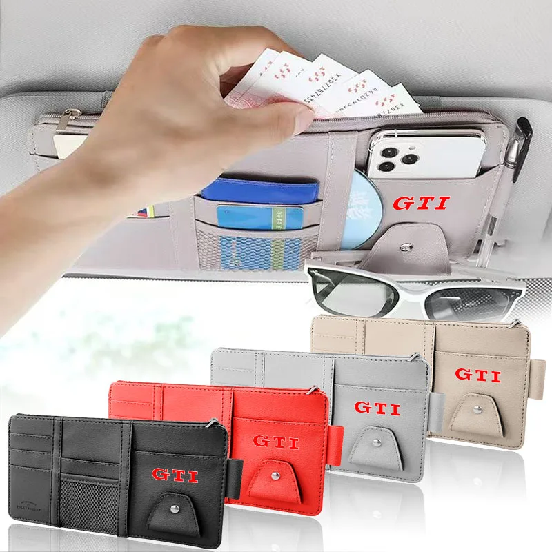 Bolsa de Armazenamento Multifuncional Tipo Ponto para Quebra-Sol de Carro 4 Cores com Emblema para Volkswagen GTI Golf 4 5 6 7 Polo Passat Tiguan Jetta Gol
