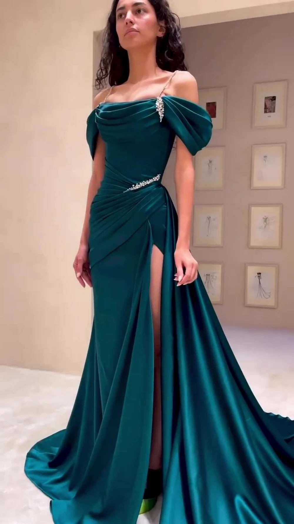 Exquisite Sparkle High Quality Satin Draped Beading Birthday A-line Spaghetti Strap Bespoke Occasion Gown Long Dresses