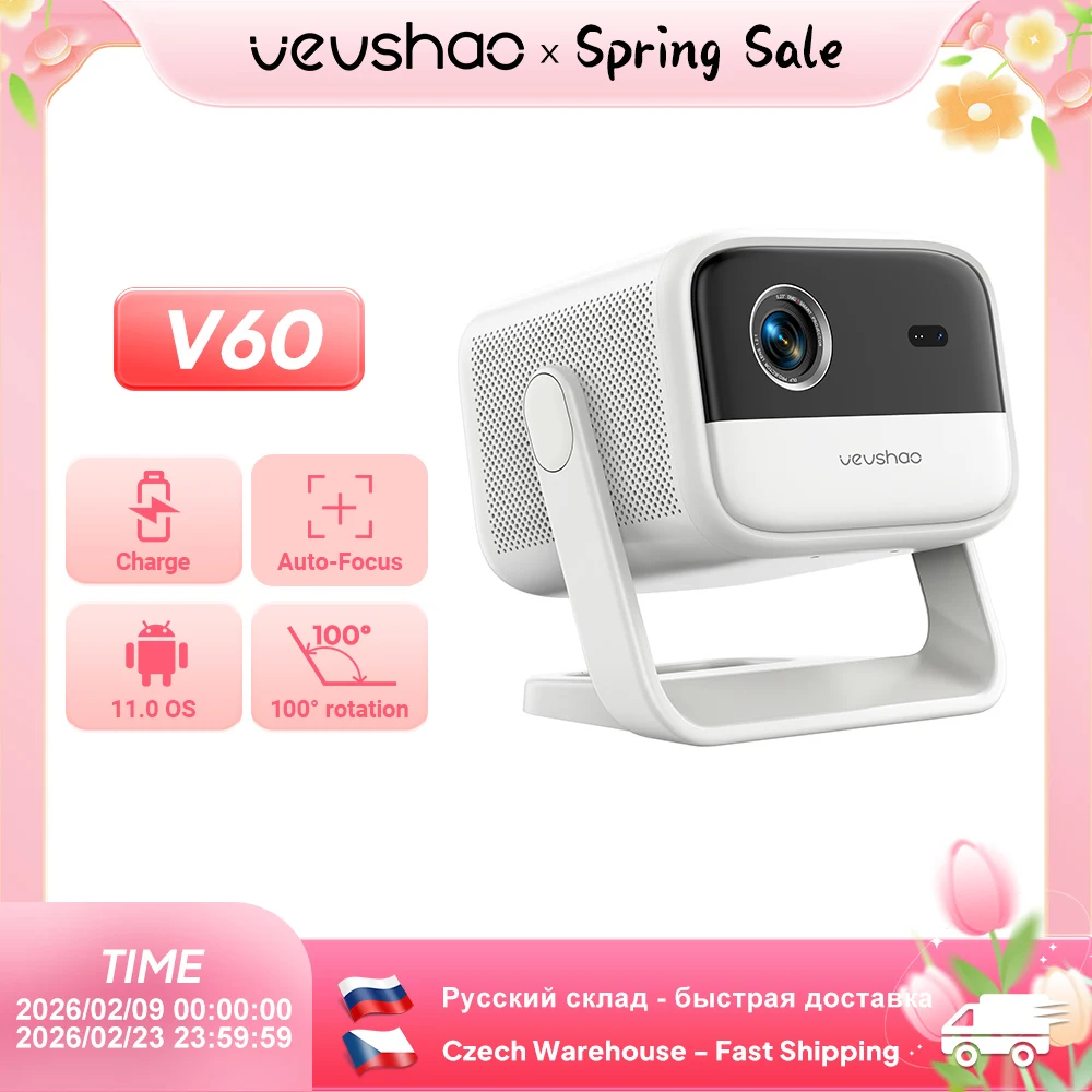 

VEVSHAO V60 Портативный мини-проектор Full HD 1080P Wi-Fi6 BT5.2 Beam 4K Видео Wi-Fi Android проектор Автоматический Keystone Домашний кинотеатр