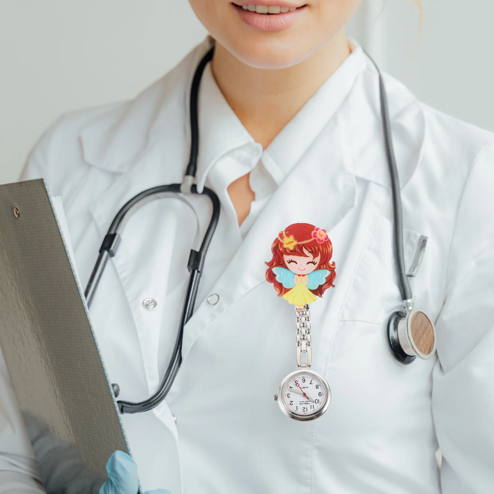 1 قطعة ساعة جيب مضيئة قابل للسحب ساعة معلقة للممرضة الطبيب مع حقيبة القلم تصميم الملاك الكرتون التمريض #4