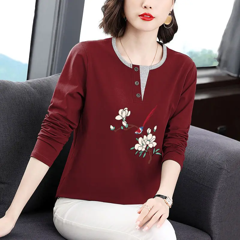 Women Plus Size Cotton Long Sleeve T Shirt Floral Bird Print Henley Neck Loose Casual Basic Blouse