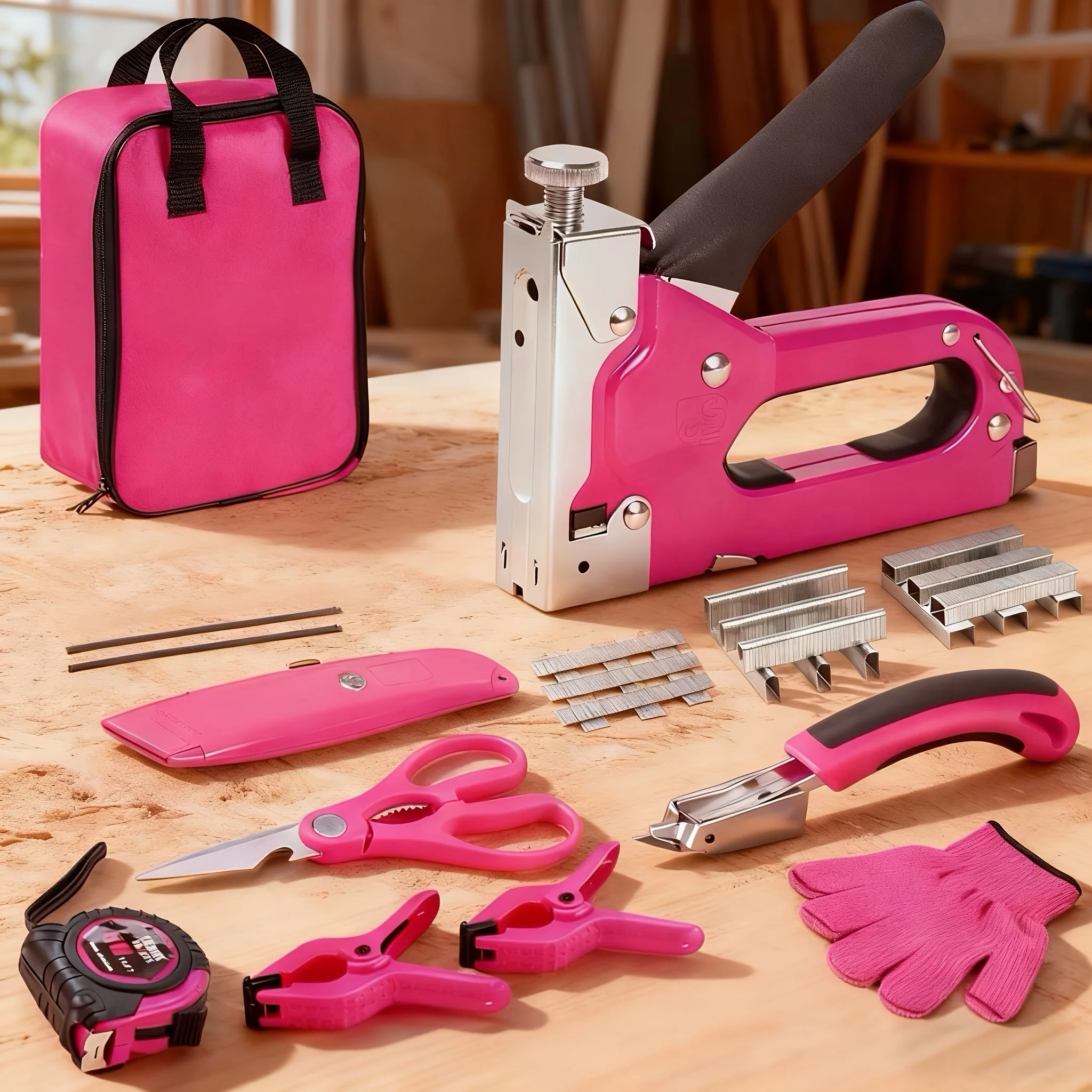 Pink 3-in-1 Upholstery Staple Gun Set - 23pc with 900 Staples for DIY Projects